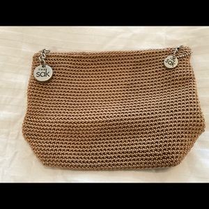 THE SAK. BROWN CROCHETED CHANGE PURSE/MAKEUP BAG